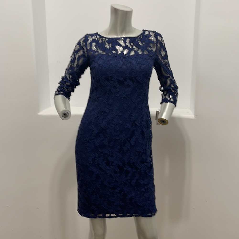 Aidan Aidan Mattox 3/4 Sleeve Lace Cocktail Dress Navy Blue Size 4 NWT - Picture 13 of 14
